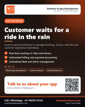W3AppDevelopers poster for Taxi service: Customer waits for a ride in the rain