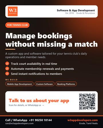 W3AppDevelopers poster for Tennis club: Manage bookings without missing a match
