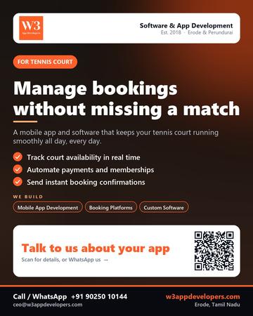 W3AppDevelopers poster for Tennis court: Manage bookings without missing a match