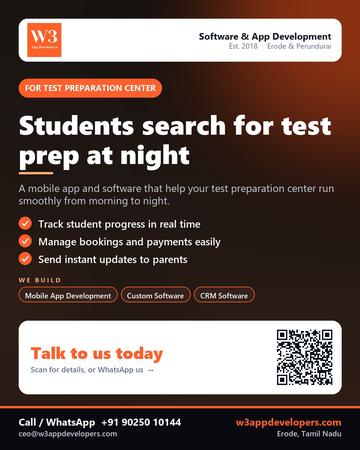 W3AppDevelopers poster for Test preparation center: Students search for test prep at night