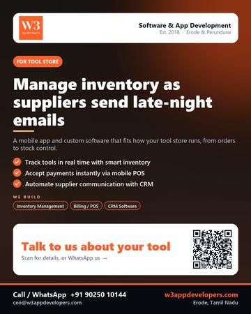 W3AppDevelopers poster for Tool store: Manage inventory as suppliers send late-night emails