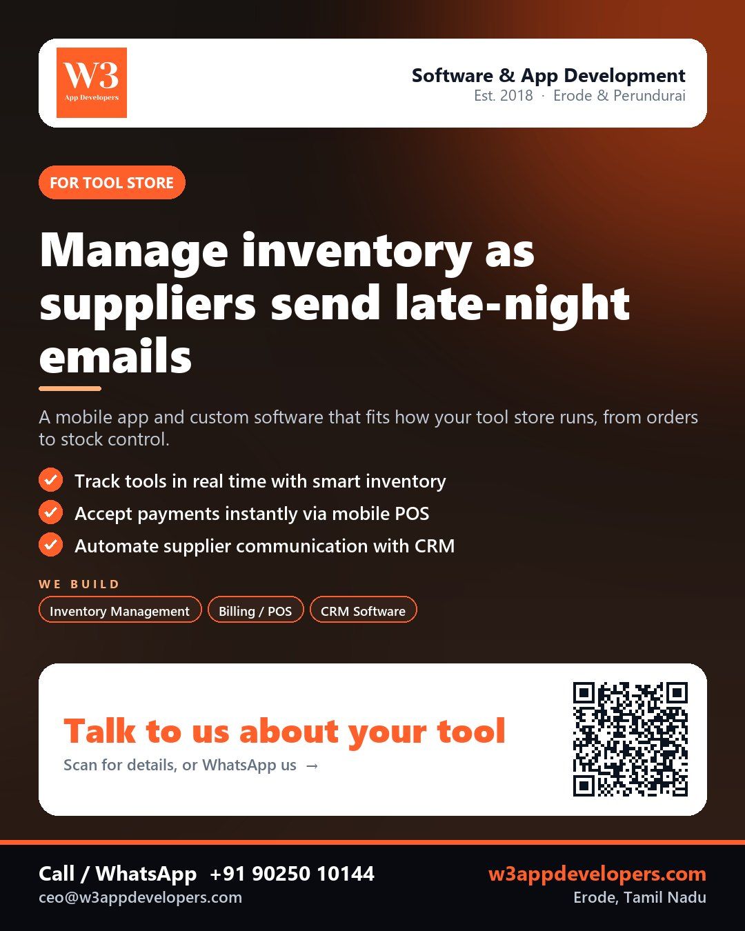 W3AppDevelopers provides custom software solutions for Tool stores with mobile apps and business management systems.
