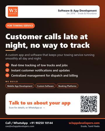 W3AppDevelopers poster for Towing service: Customer calls late at night, no way to track