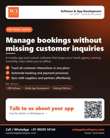 W3AppDevelopers poster for Travel agency: Manage bookings without missing customer inquiries