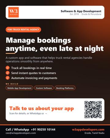 W3AppDevelopers poster for Truck rental agency: Manage bookings anytime, even late at night