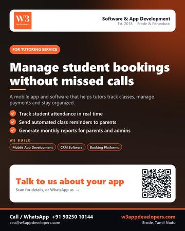 W3AppDevelopers poster for Tutoring service: Manage student bookings without missed calls