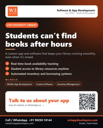 W3AppDevelopers poster for University library: Students can't find books after hours