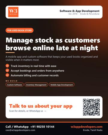 W3AppDevelopers poster for Used book store: Manage stock as customers browse online late at night