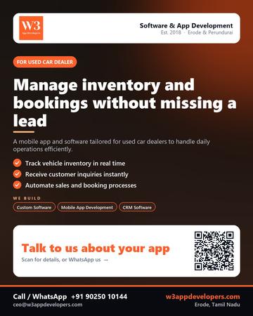 W3AppDevelopers poster for Used car dealer: Manage inventory and bookings without missing a lead