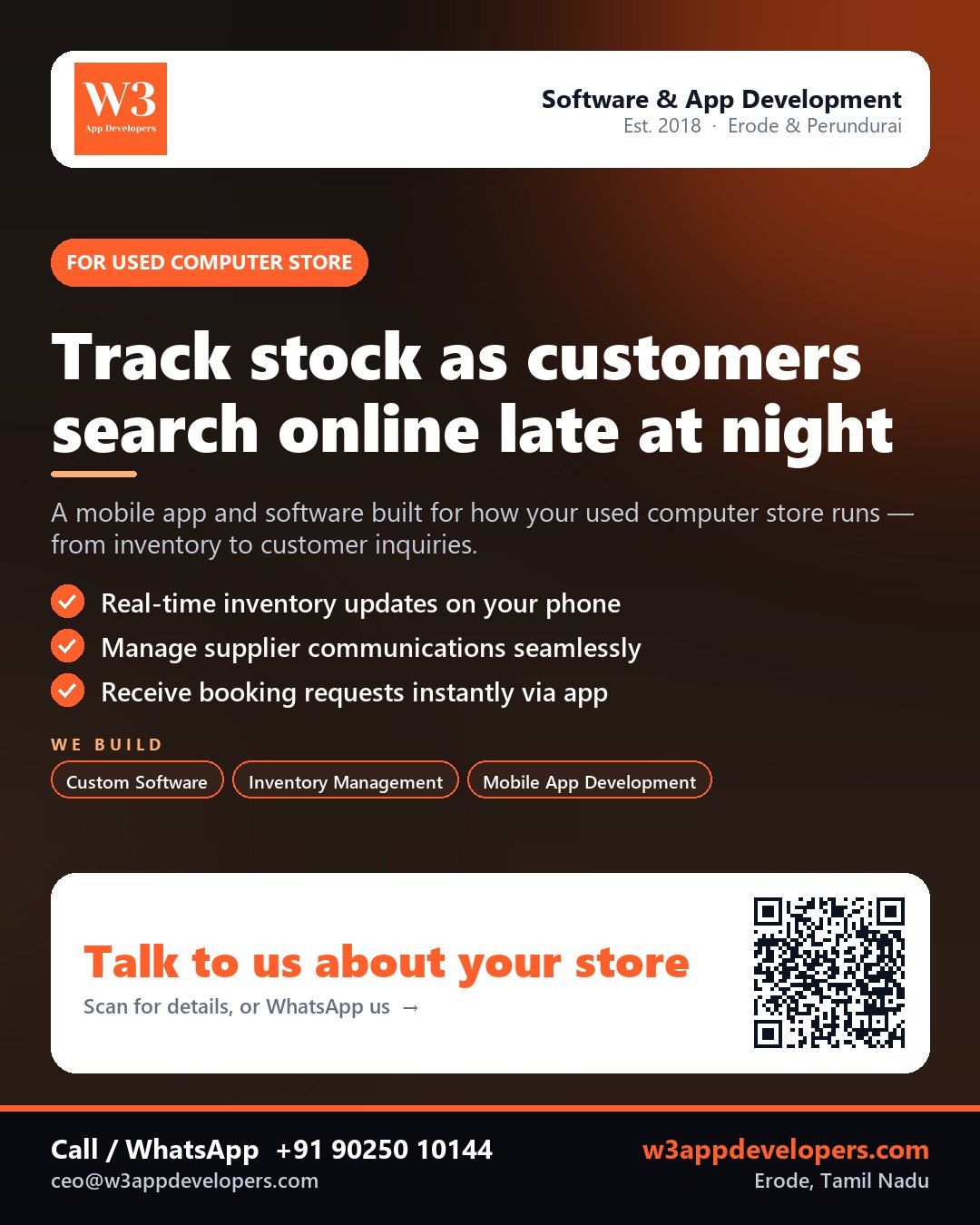 W3AppDevelopers helping a used computer store manage inventory and customer bookings with custom software