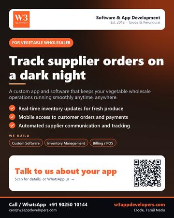 W3AppDevelopers poster for Vegetable wholesaler: Track supplier orders on a dark night