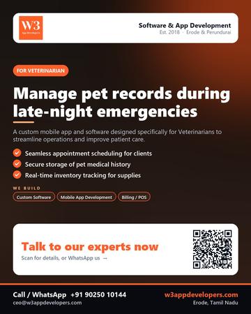 W3AppDevelopers poster for Veterinarian: Manage pet records during late-night emergencies