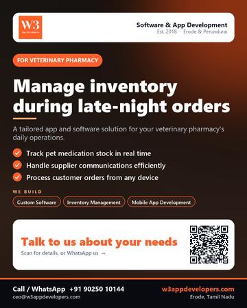 W3AppDevelopers poster for Veterinary pharmacy: Manage inventory during late-night orders