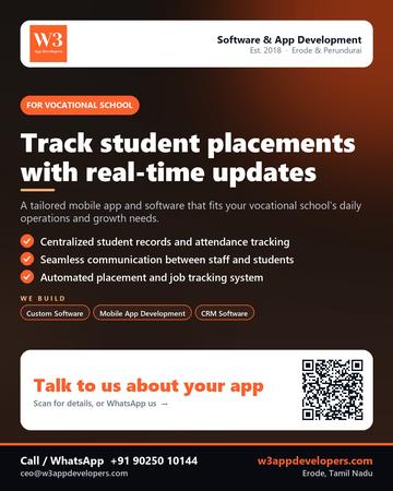 W3AppDevelopers poster for Vocational school: Track student placements with real-time updates