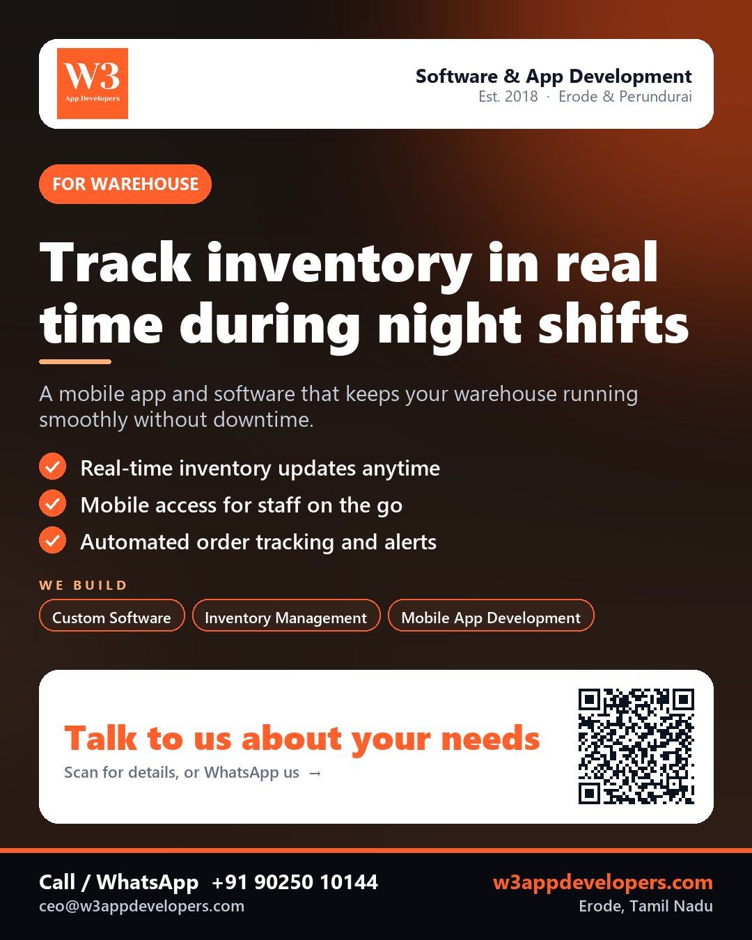 W3AppDevelopers provides warehouse management software with real-time inventory tracking for efficient operations.