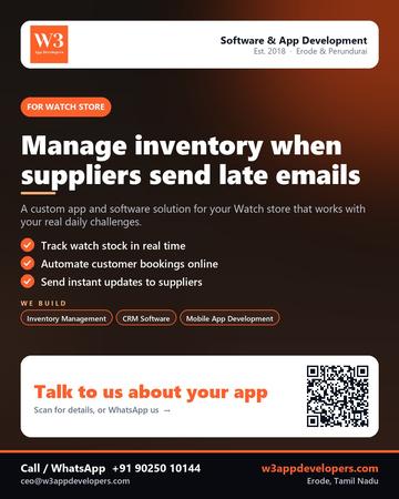 W3AppDevelopers poster for Watch store: Manage inventory when suppliers send late emails