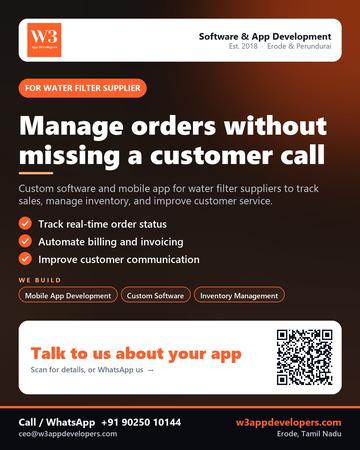 W3AppDevelopers poster for Water filter supplier: Manage orders without missing a customer call