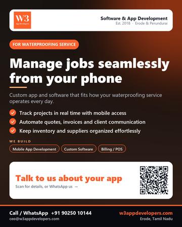 W3AppDevelopers poster for Waterproofing service: Manage jobs seamlessly from your phone