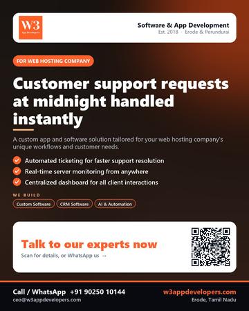 W3AppDevelopers poster for Web hosting company: Customer support requests at midnight handled instantly