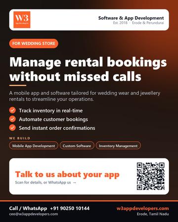 W3AppDevelopers poster for Wedding store: Manage rental bookings without missed calls