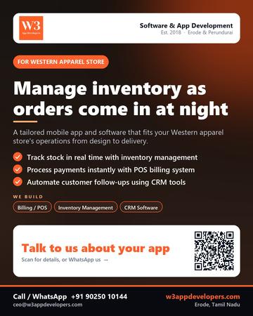 W3AppDevelopers poster for Western apparel store: Manage inventory as orders come in at night