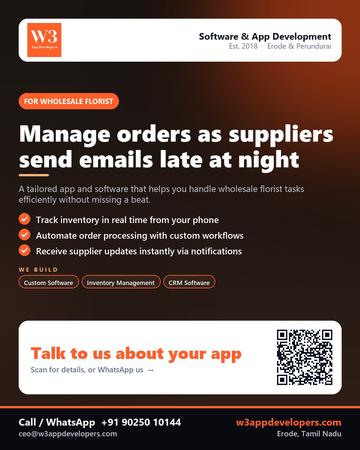 W3AppDevelopers poster for Wholesale florist: Manage orders as suppliers send emails late at night