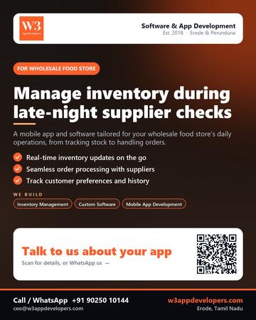 W3AppDevelopers poster for Wholesale food store: Manage inventory during late-night supplier checks