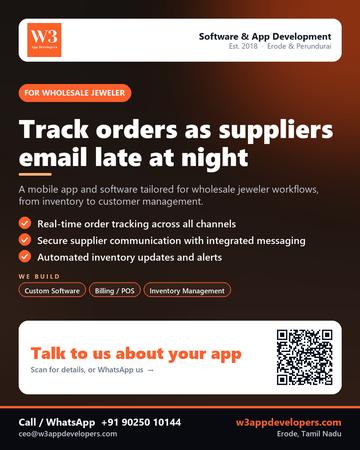 W3AppDevelopers poster for Wholesale jeweler: Track orders as suppliers email late at night