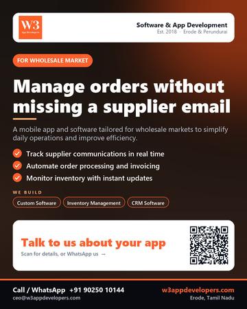 W3AppDevelopers poster for Wholesale market: Manage orders without missing a supplier email